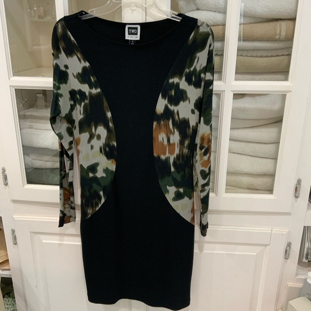 Ronen Chen Black Long-Sleeve Dress with Green & Brown Print Panels